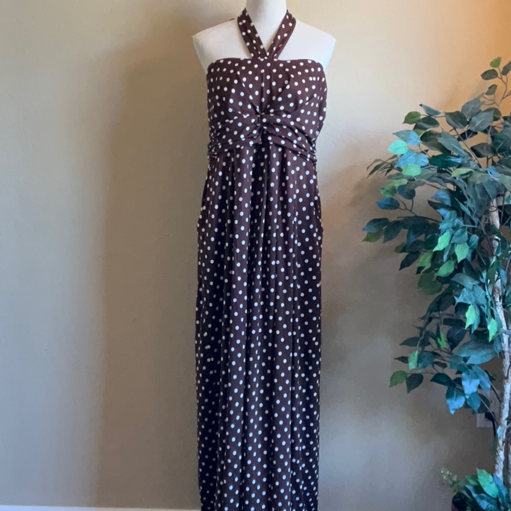 Super Cute Halter Top Brown Polka Dot Maxi Dress With Pockets, 3X